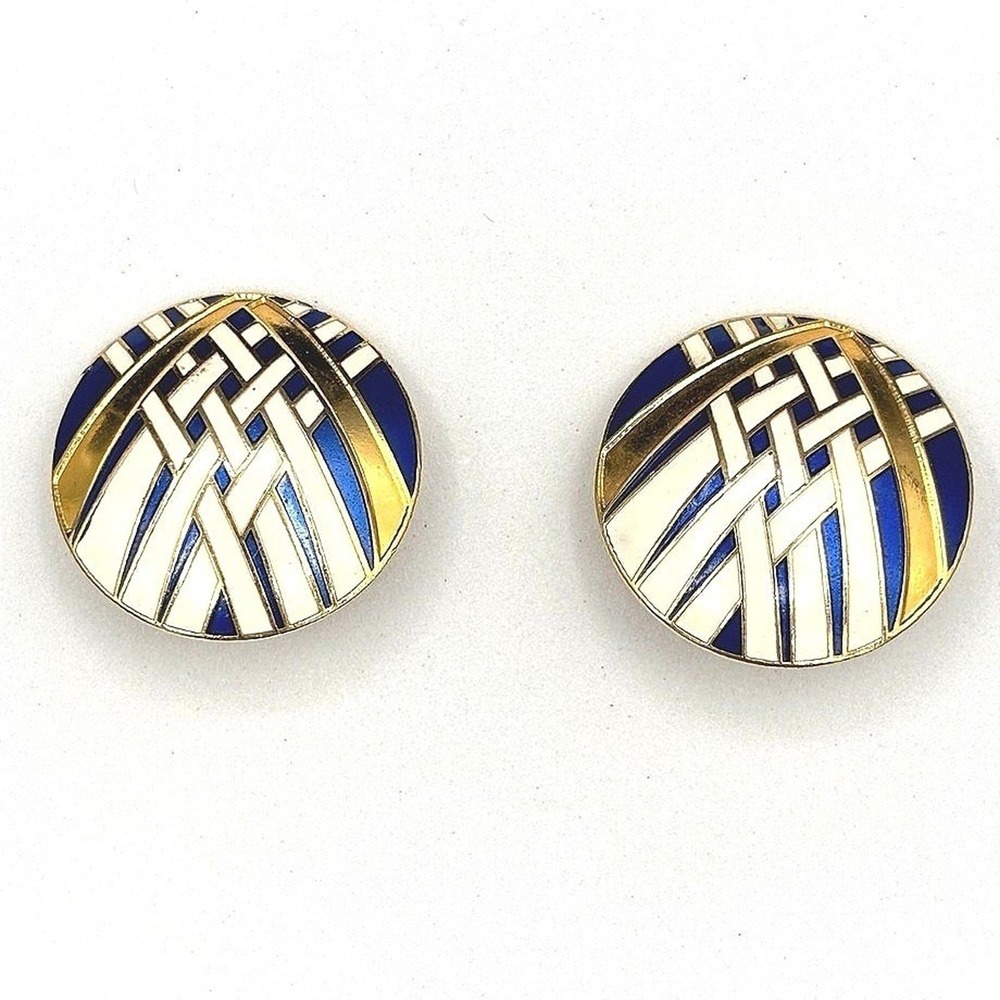 Vintage Gold Enamel Clip-On Earrings Blue White Art Deco Geometric Round